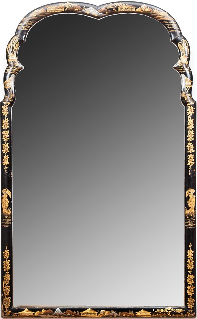 Appraisal: Queen Anne Style Black Lacquer Pier Mirror With gilt chinoiserie