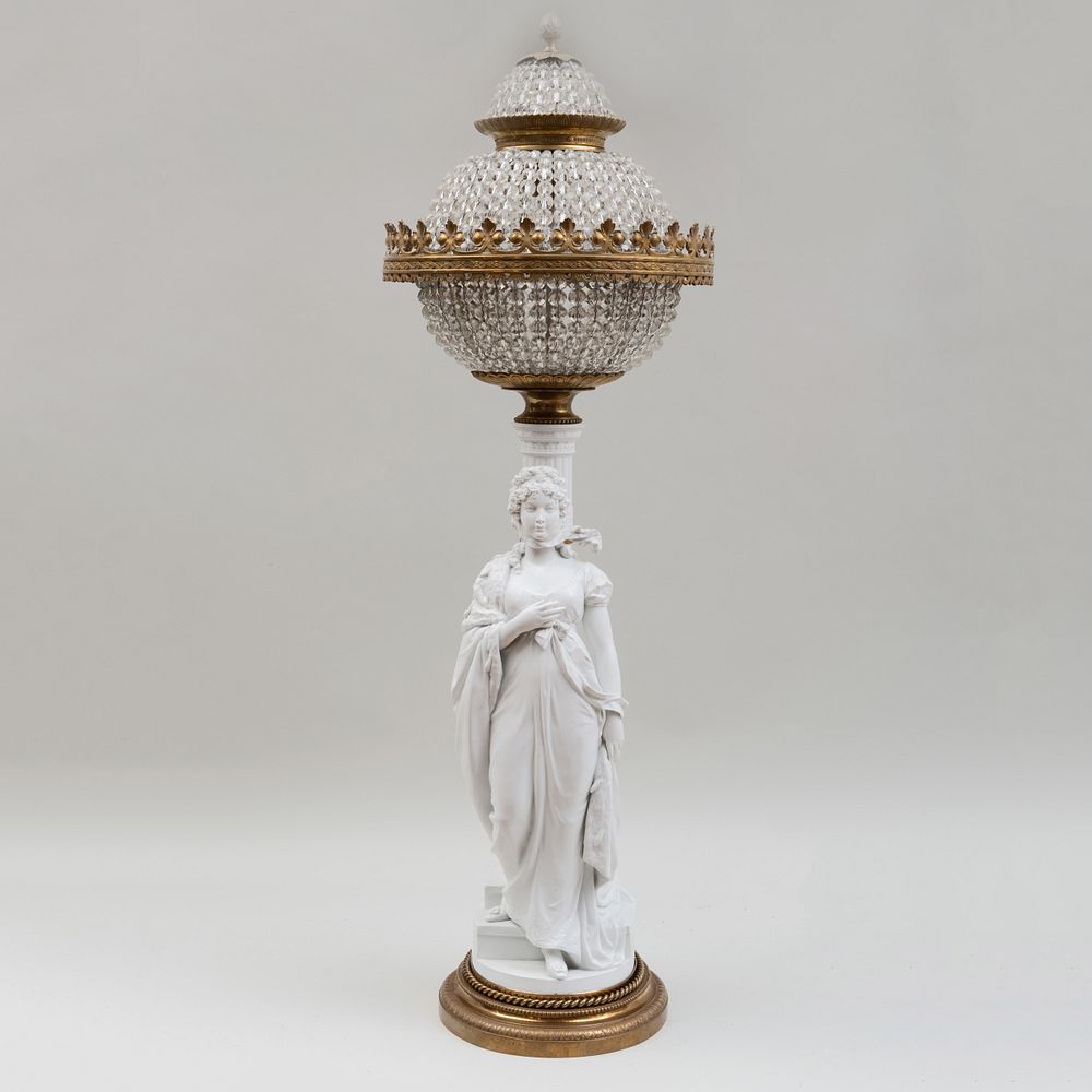 Appraisal: Scandinavian Gilt-Bronze-Mounted Bisque and Cut-Glass Figural Lamp With a blue