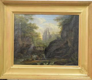 Appraisal: Oil on canvas Landscape with Fishermen on Stream and ruins