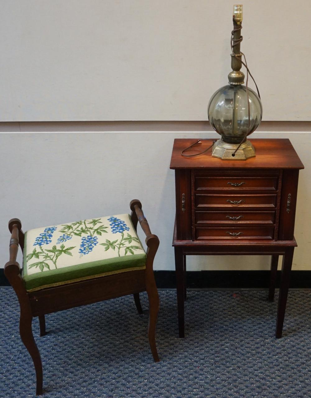 Appraisal: PROVINCIAL STYLE MAHOGANY JEWELRY CHEST UPHOLSTERED BENCH AND A TABLE