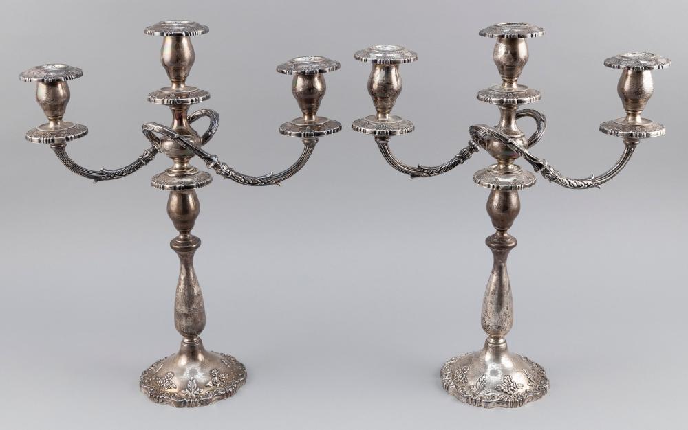 Appraisal: PAIR OF FISHER ENGLISH ROSE STERLING SILVER CONVERTIBLE THREE-LIGHT CANDELABRA