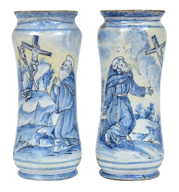 Appraisal: A PAIR OF TH CENTURY DELFT VASES waisted cylindrical painted