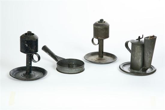 Appraisal: FOUR TIN LIGHTING DEVICES Three lamps blue tole Saml Davis