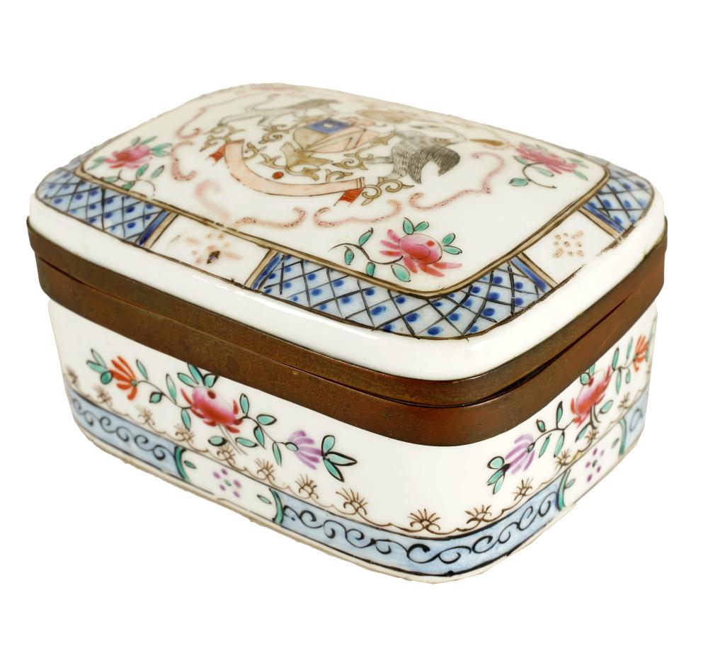 Appraisal: ENAMELED PORCELAIN HINGED BOXunmarked Condition minor losses to enamel inches