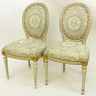 Appraisal: Pair of Louis XVI Style Carved Balloon Back Upholstered Side