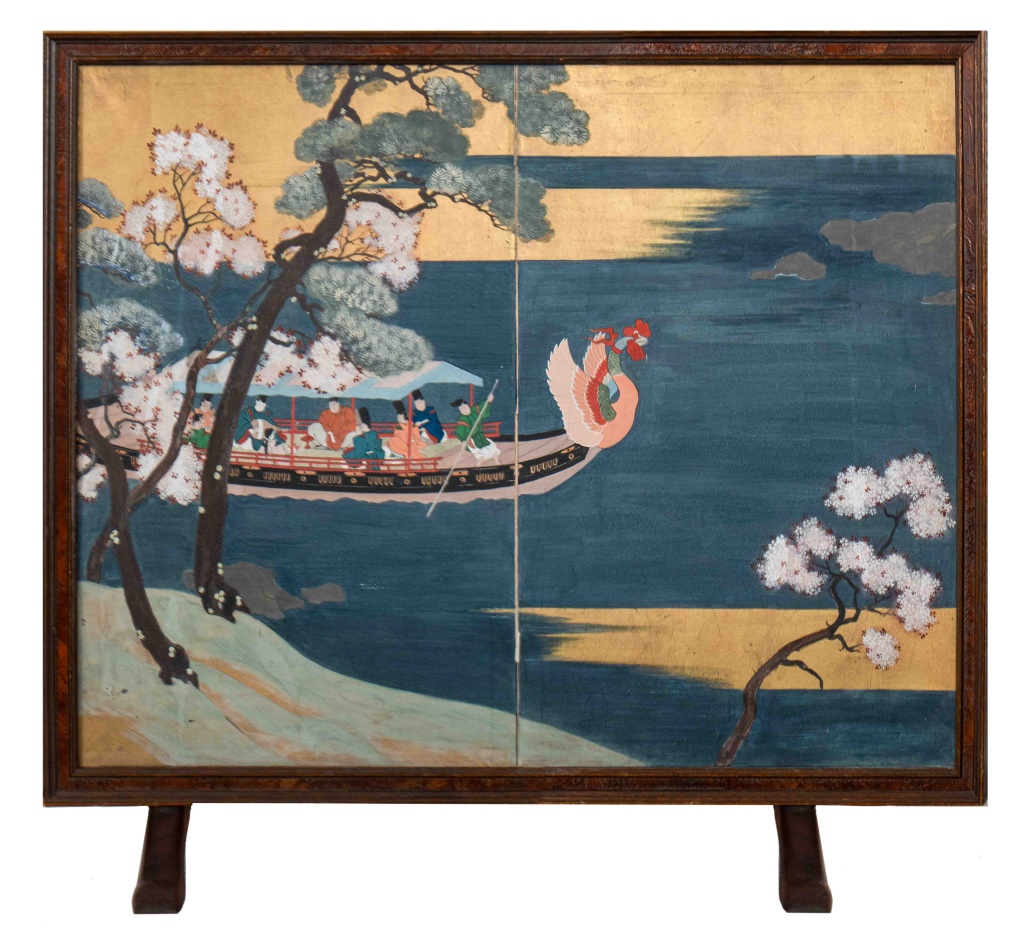 Appraisal: JAPANESE BOAT SCENE PAINTING WOODEN TABLE SCREEN Japanese two-panel paint