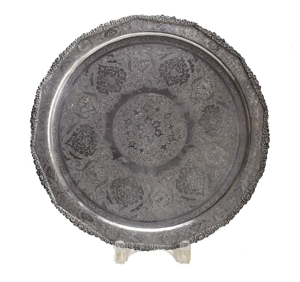 Appraisal: Persian Silver Tray An ornate Persian solid silver tray with