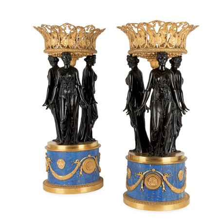 Appraisal: Pair of Empire Style Gilt and Patinated-Bronze and Lapis Quartz