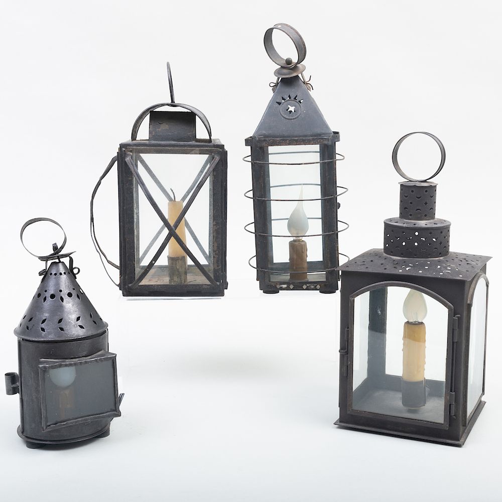 Appraisal: Group of Four Painted Tin and Glass Lanterns All electrified