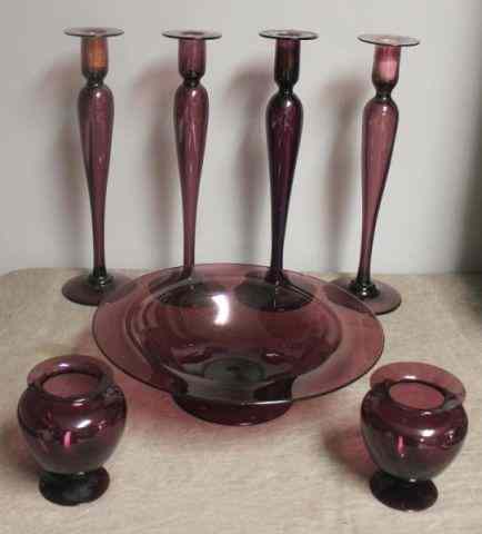 Appraisal: Set of Amethyst Unmarked Probably SteubenTall Candlesticks with Ground and