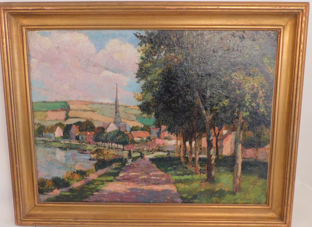 Appraisal: HARRY LACHMAN IMPRESSIONIST VILLAGE PAINTING Old impressionist oil painting on