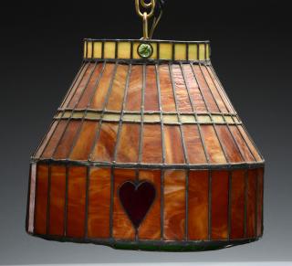 Appraisal: Mission Style Leaded Glass Hanging Lamp Heart design with jewels