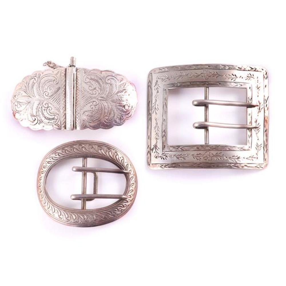 Appraisal: STERLING BUCKLE GROUP OF THREE ETCHED BELT BUCKLES OVAL SQUARE