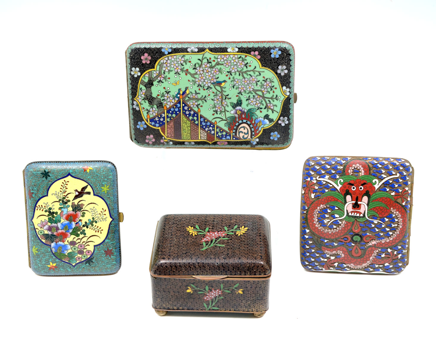 Appraisal: PC ORIENTAL CLOISONNE BOXES Comprising - Black ground trinket box