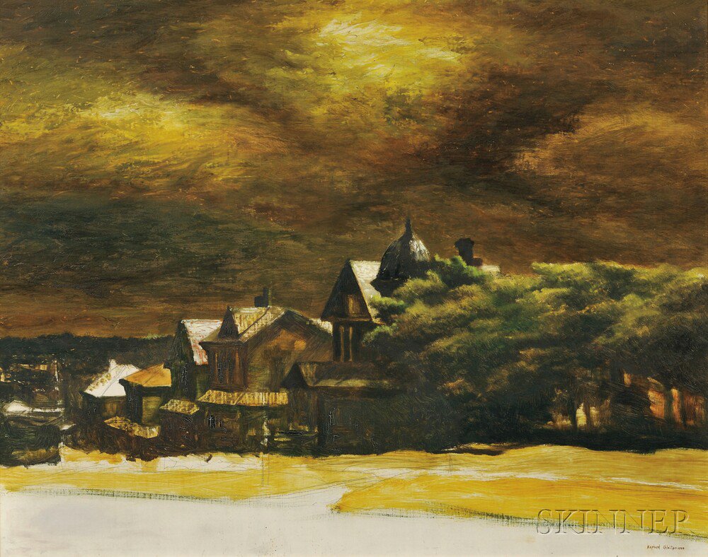 Appraisal: Raphael Gleitsmann American - Houses at Dusk Signed Raphael Gleitsmann