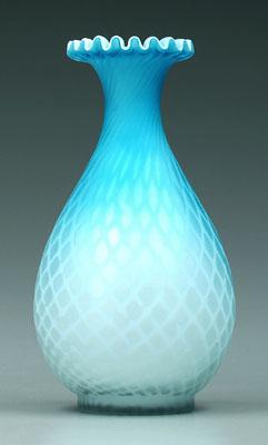 Appraisal: Mother-of-pearl blue satin glass vase crimped rim diamond quilted pattern