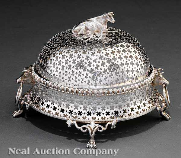 Appraisal: A French Silverplate Lidded Butter Dish reticulated body opaline glass