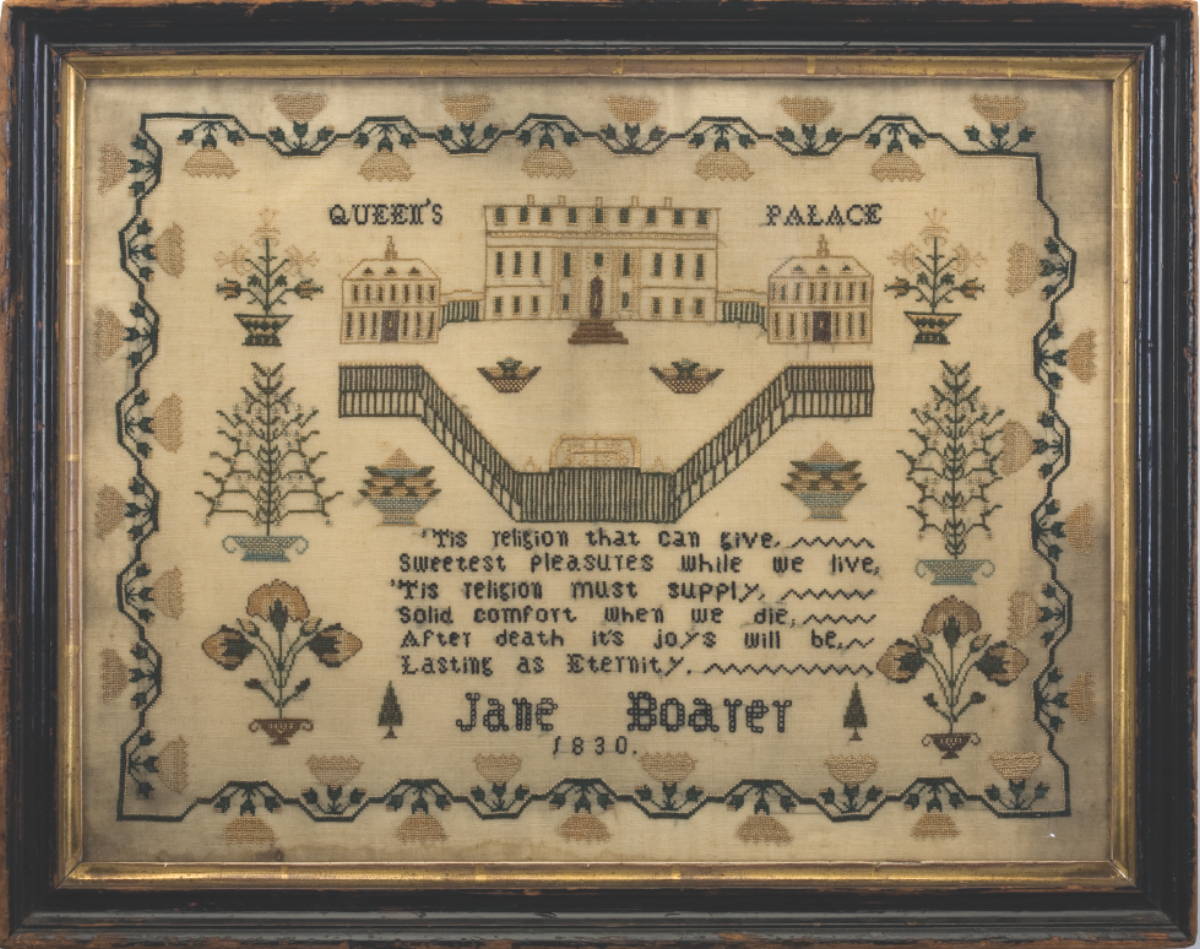 Appraisal: FRAMED ENGLISH NEEDLEWORK SAMPLER DEPICTING THE QUEENS PALACE BY JANE