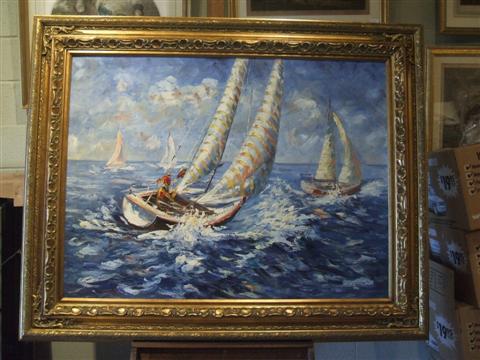 Appraisal: SAILBOAT RACE Oil on canvas x in sight Framed