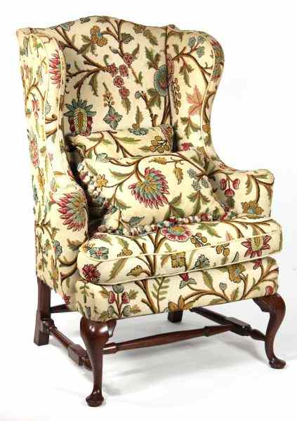 Appraisal: Pug Moore Queen Anne Style Wing Chaircrewel work upholstery down