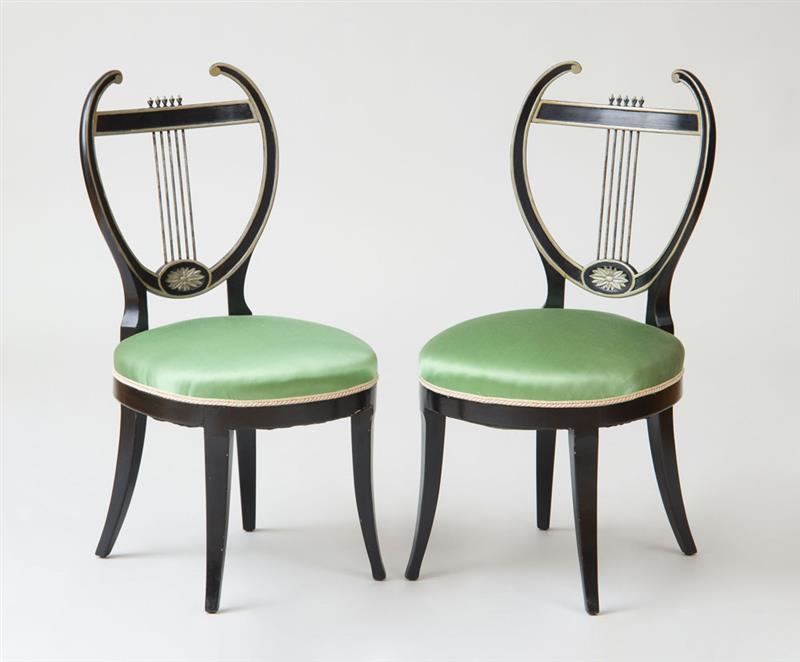 Appraisal: PAIR OF BIEDERMEIER STYLE EBONIZED SILVER-GILT AND METAL SIDE CHAIRS