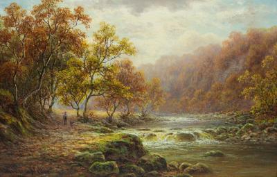 Appraisal: William Mellor - River Landscape with figure of a man