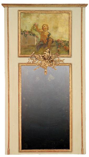 Appraisal: A Louis XVI style painted and parcel gilt trumeau mirror