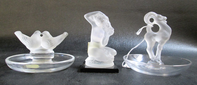 Appraisal: THREE PIECES LALIQUE CRYSTAL kneeling nude figure with one arm