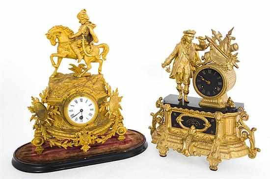 Appraisal: French gilt-metal mantel clocks circa Arabic horseman atop metal case