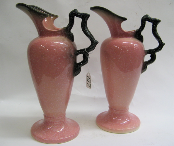 Appraisal: PAIR HULL GLAZED ART POTTERY EWERS H the body in