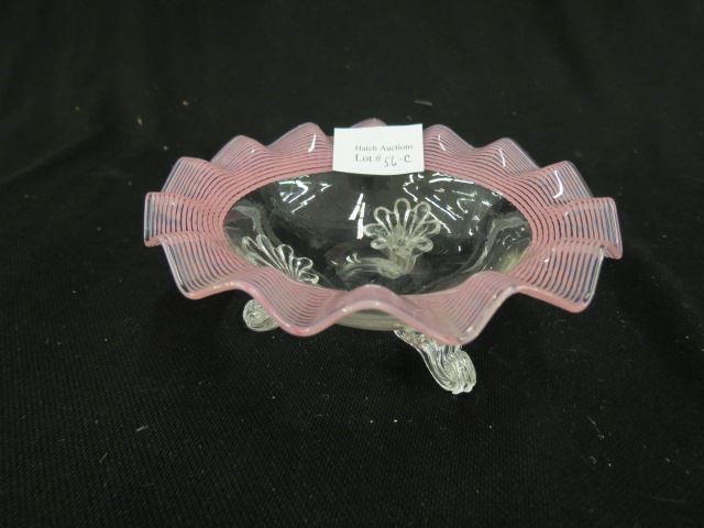 Appraisal: Victorian Art Glass Footed Dish cranberry threaded trim attributed to