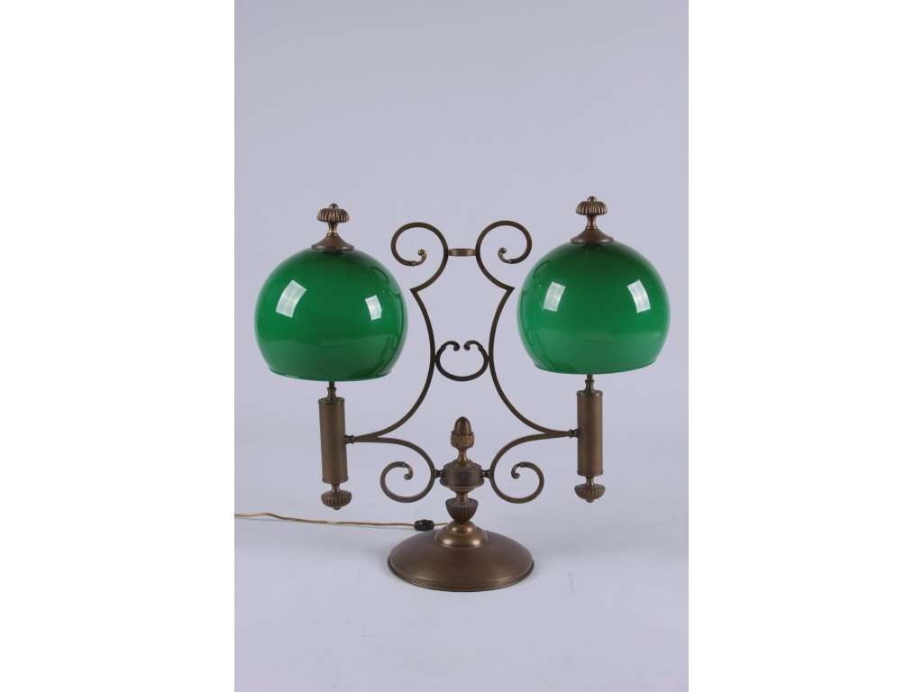 Appraisal: Large Double Globe Brass Student Lamp unmarked rounded base supports