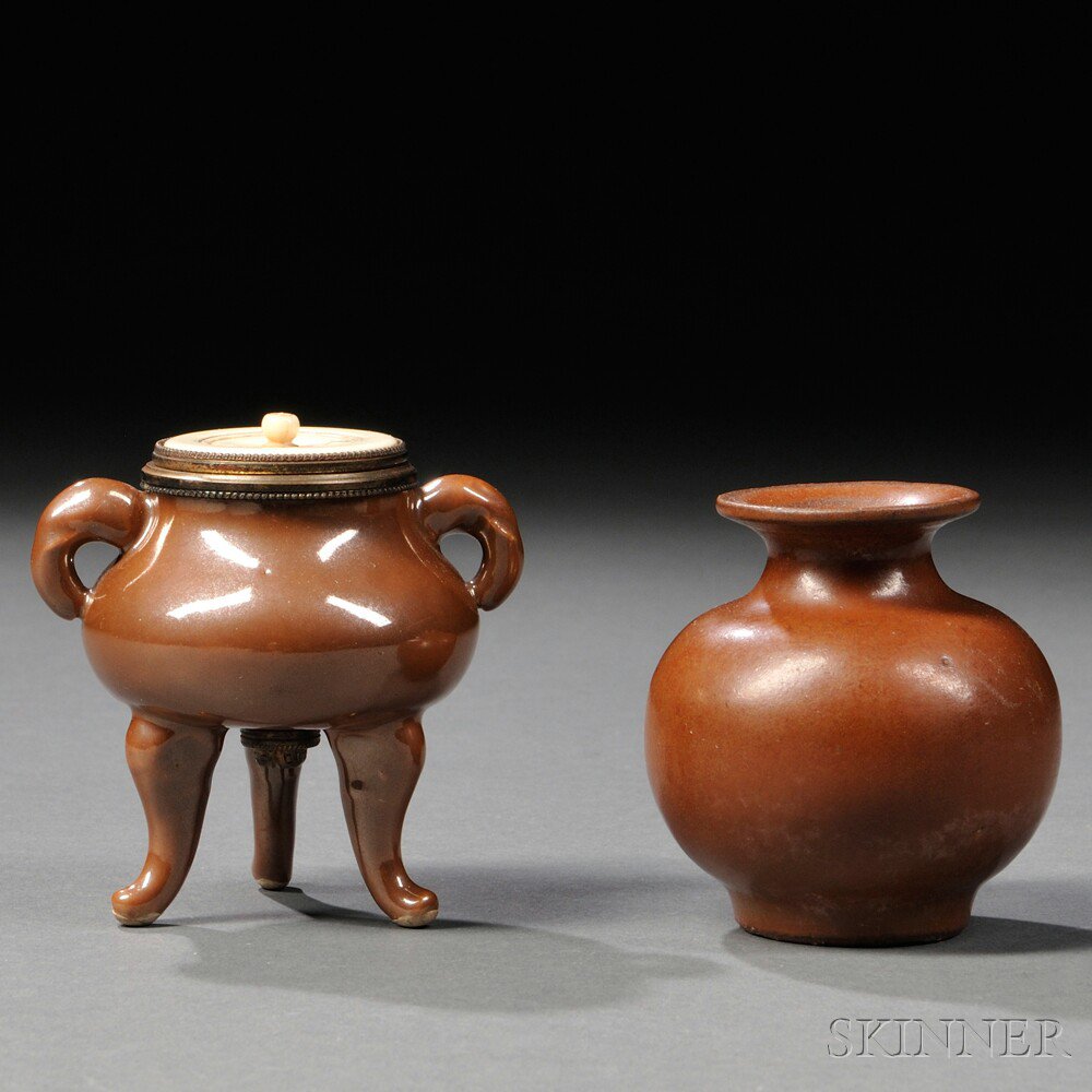 Appraisal: Miniature Censer and Jar Japan th century a persimmon-glazed tripod