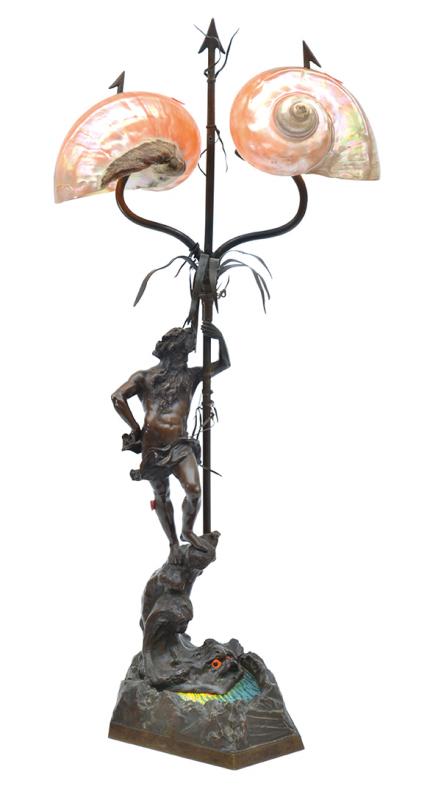 Appraisal: A BRONZE LAMP IN THE FORM OF NEPTUNE WITH TWIN