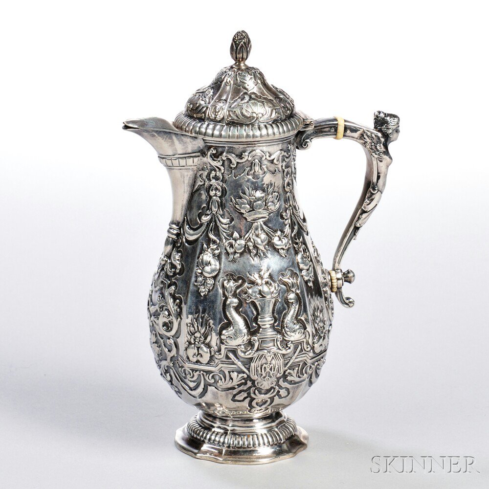 Appraisal: Continental Silver Chocolate Pot probably Hanau late th century pseudo