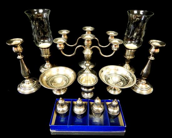 Appraisal: SILVER Weighted silver thirteen pieces two candlesticks h two three-armed