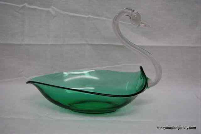 Appraisal: Vintage Art Glass Clear on Teal Green Swan BowlThis is