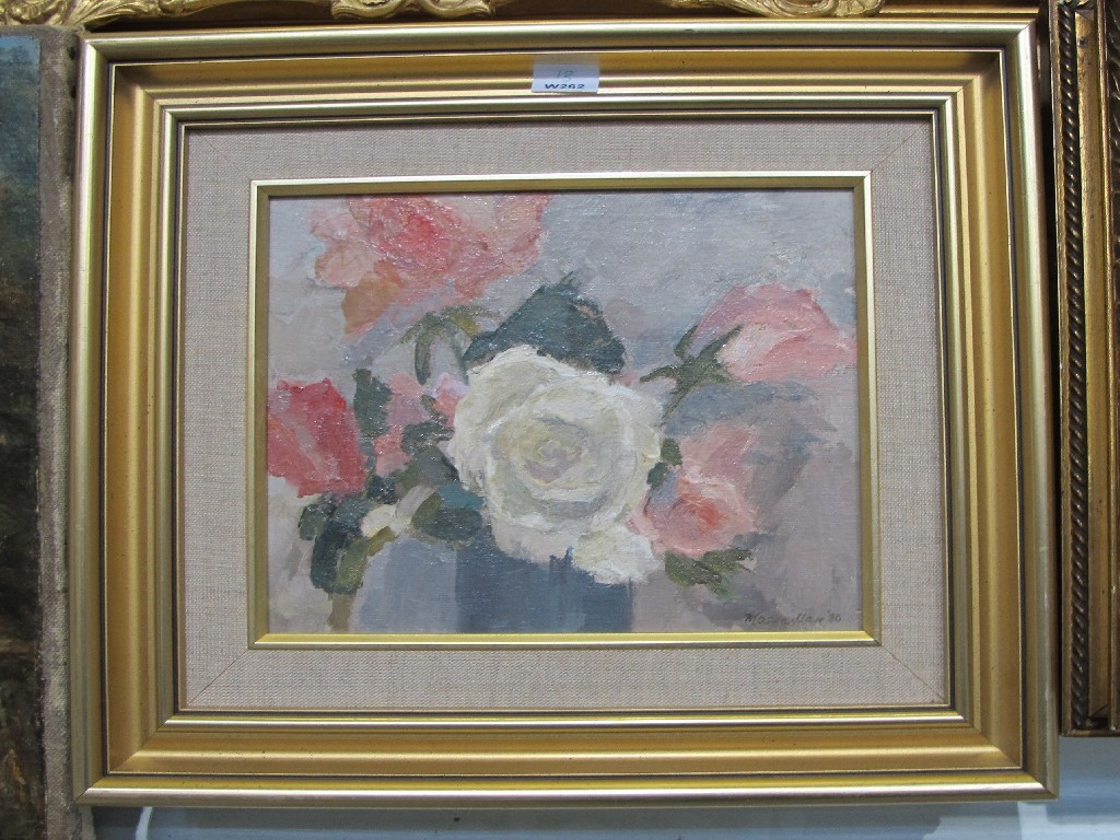 Appraisal: SHEILA MacMILLAN Oil on canvas 'A White Rose' signed and