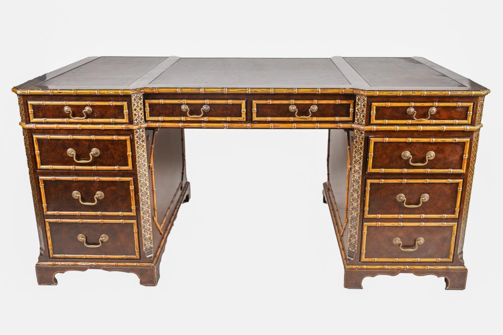 Appraisal: GEORGIAN STYLE CHINOISERIE PARTNERS DESKwith three-sectioned leather-inset top Condition losses