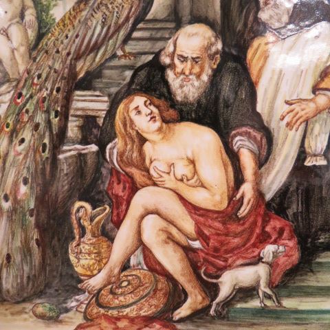 Appraisal: Italian Handpainted Plaques scene of older men bathing a maiden