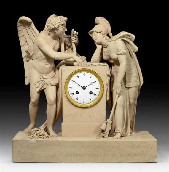 Appraisal: TERRACOTTA CLOCK AMOR ET RATIO Empire signed and dated ROGUIER