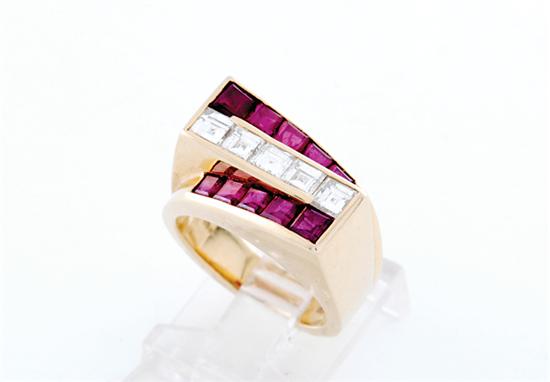 Appraisal: Ruby and diamond ring asymmetric mounting set with ten channel-set