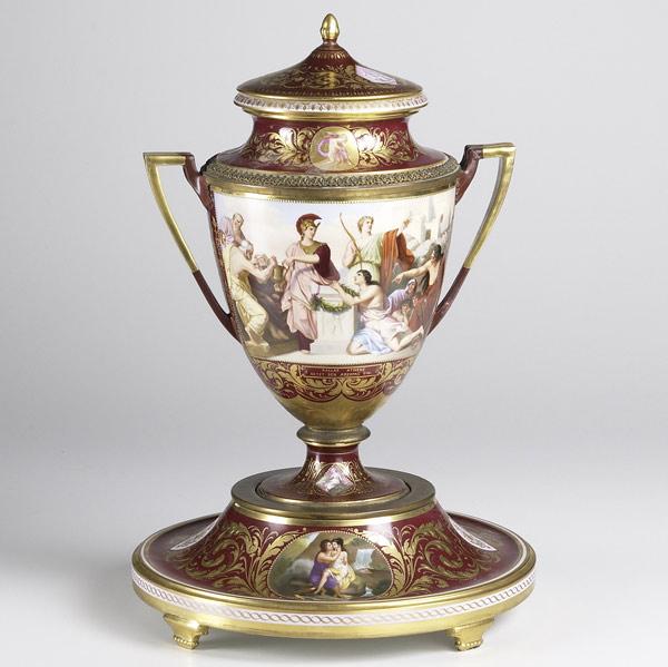 Appraisal: ROYAL VIENNA Augustus and Pallas Athene covered urn on base