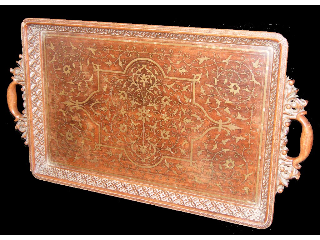 Appraisal: Eastern brass foliate inlaid twin handled rectangular tray long