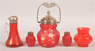 Appraisal: Five Pieces of Pidgeon Blood Glass Biscuit jar syrup jug