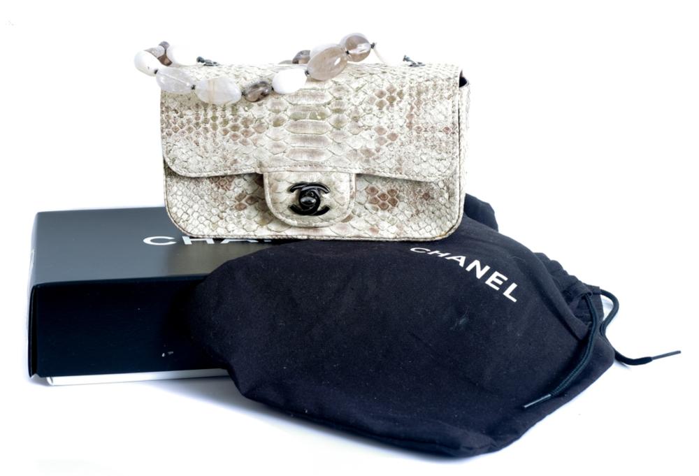 Appraisal: CHANEL PYTHON FLAP BAG W AGATE BEADED HANDLERare and important