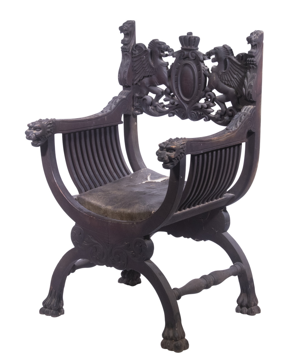 Appraisal: ITALIAN SAVONAROLA ARMCHAIR Ornately Carved th c Italian Renaissance Style