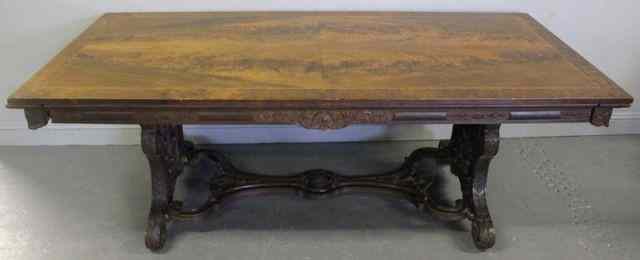 Appraisal: Quality Inlaid and Carved Trestle Style DiningTable with Two Large