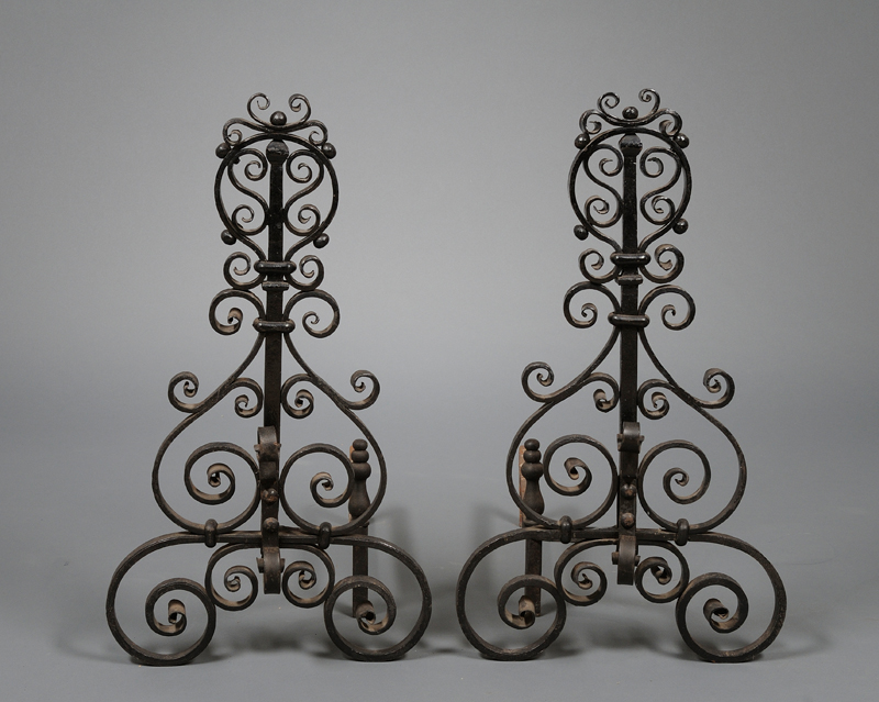 Appraisal: Pair of Black-painted Wrought Iron Scrollwork Andirons ht in