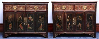 Appraisal: PAIR OF CHINESE RED LACQUER CABINETS Each with rectangular top